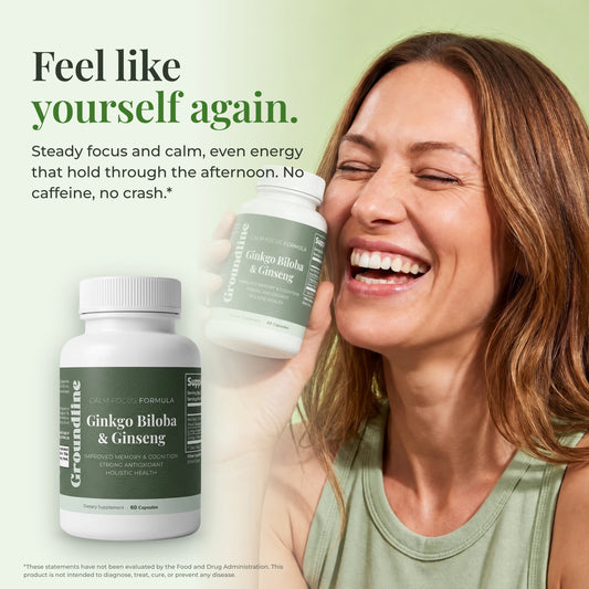 A woman laughing, holding Groundline Ginkgo Biloba & Ginseng: feel like yourself again