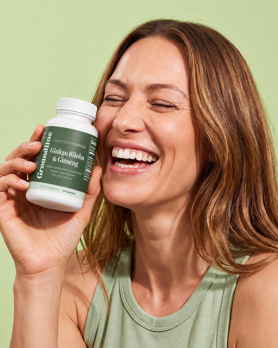 A smiling woman holding a bottle of Groundline Ginkgo Biloba + Ginseng