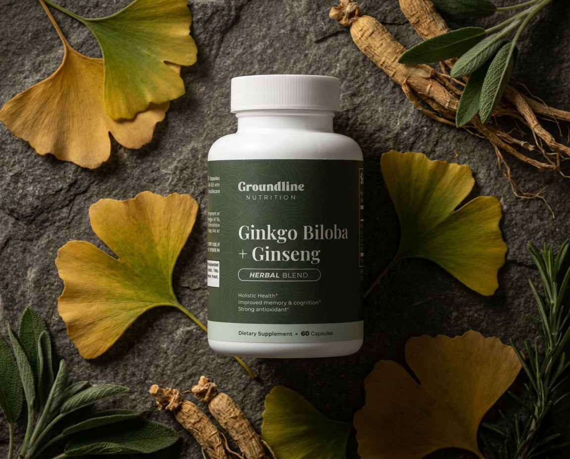 Groundline Ginkgo Biloba + Ginseng bottle with ginkgo leaves and ginseng root